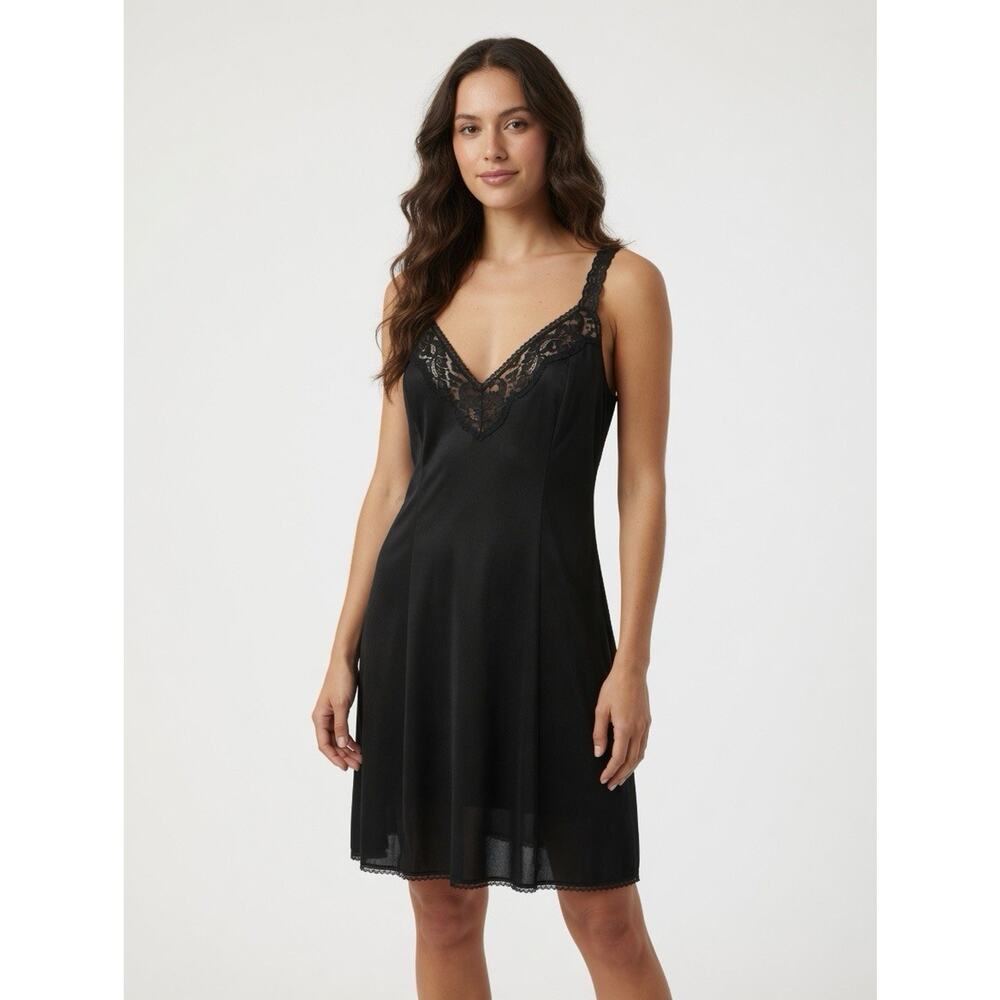 Vintage Vanity Fair Women's Black Chemise Lace Front Slip Made in USA L